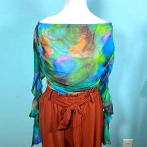 NWT SHEIN SXY MULTI COLOR Sheer Mesh Bodysuit With Long Peplum Sleeves‎ Size 3XL
